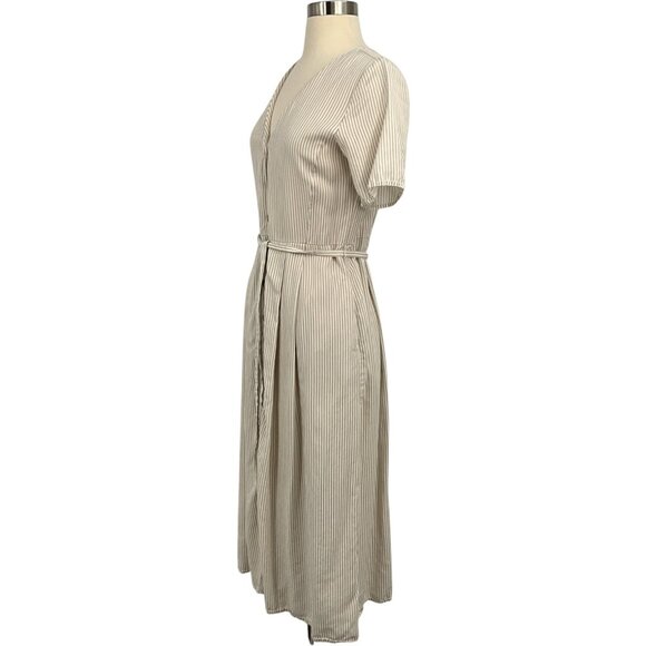 Vetta The Button Up Midi Dress Taupe Stripe Short Sleeve Buttoned Size XS Belted - Picture 4 of 9